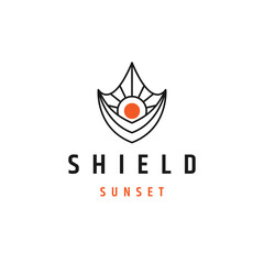Shield of sunset line logo icon design template flat vector