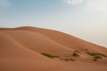 Sand dune hills against a bright blue sky in Al Wathbah Desert in Abu Dhabi, United Arab Emirates.