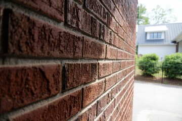 Closeup of a brick wall on the blurred background of the green bushes in the yard