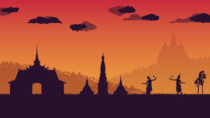 silhouette of traditional Thai Dance and pagoda and temple at Thailand on gradient background