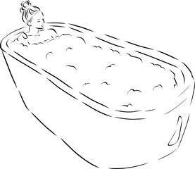 お風呂に浸かる女性　泡風呂を楽しむ女性　線画