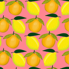 Whole lemon and orange seamless pattern. Citrus fruit vector illustration for wallpaper, wrapping paper, textile, fabric, print
