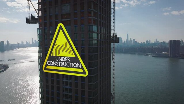 Pull back footage of modern high rise building on waterfront under construction. View against sun. Computer added visual effects. New York City, USA