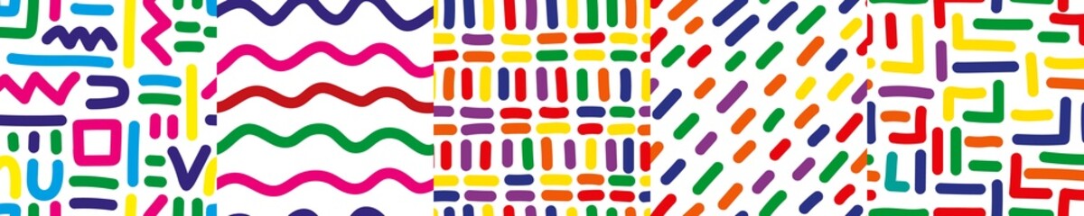 Set of doodle dash lines seamless pattern. Hand drawn linear endless wallpaper collection.