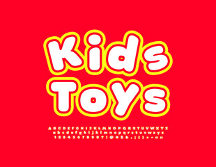 Vector bright banner Kids Toys with creative Font. Funny playful Alphabet Letters, Numbers and Symbols set