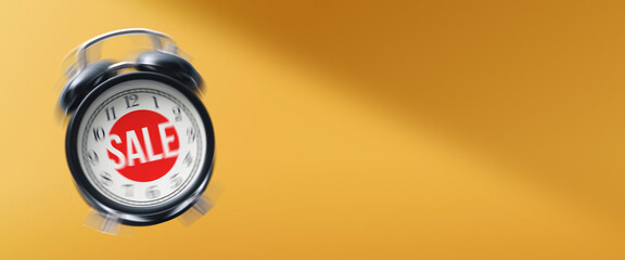 Promotional sale banner with ringing alarm clock