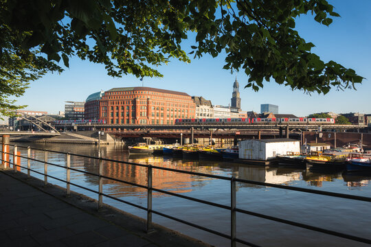 Hamburg view of a canal with underground line and citry shape