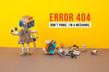 Error 404 page not found. Robot mechanic looks at a broken robot on the ground