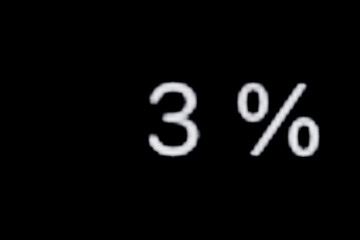White pixel number - three - 3 percent on display, screen of smartphone, tablet, black background -...