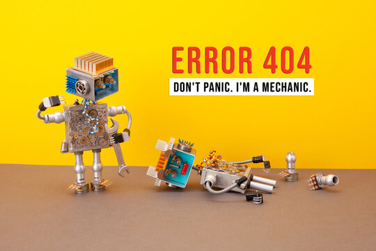 Error 404 page not found. Robot mechanic looks at a broken robot on the ground
