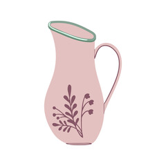 Ceramic jug with herbal ornament.  Capacity for drink. Handmade pitcher. Vector illustration isolated on white background.
