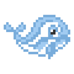Pixel whale. Cartoon Vector illustration.