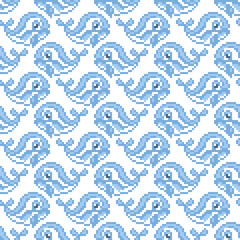 Seamless pattern Pixel whale. Cartoon Vector background.