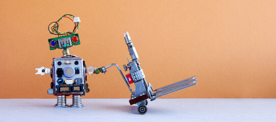 Courier package service. Robot porter shipper loader deliveryman with empty forklift vehicle....
