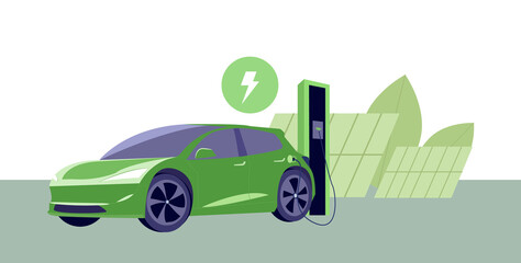 Electric car on charging station with green skyline. Battery EV vehicle plugged and getting electricity from renewable power generations solar panel, wind turbine. Vehicle being charged.