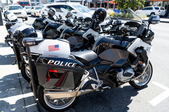 Long Beach, California USA - March 31, 2021: parked tustin police BMW R 1250 RT motorbikes. side view