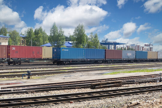 Syktyvkar, Komi, Russia, June 26, 2022, Transportation of containers for cargo by rail.Transportation and delivery of goods.