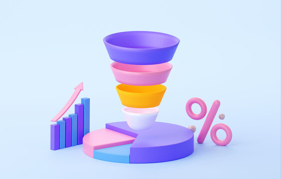 A sales funnel with a percentage and statistics. In purple, pink and blue colors. Round diagram with arrow to the top. 3d rendering illustration