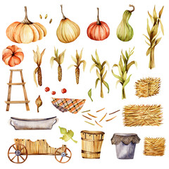 Big autumn watercolor set. Hand drawn pumpkins, corn, corn stalks, haystack, buckets, wooden cart, checkered tablecloth and more on a white background.Fall, harvest, thanksgiving