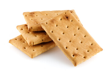 Pile of rectangular biscuits isolated on white background. Full depth of field. Close-up.