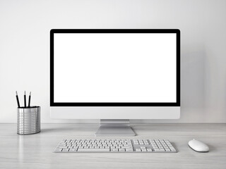 3d rendering mockup template of blank white screen of computer.With pen holder.Minimally designed room in gray and white tones - obrazy, fototapety, plakaty