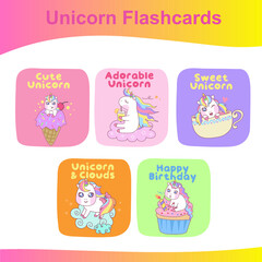Fototapeta na wymiar Cute unicorns collection flashcards. Printable game cards. Vector illustration.