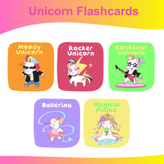 Cute unicorns collection flashcards. Printable game cards. Vector illustration.