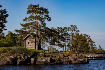 Customs officer's house on Nikolsky Skete on Valaam Island.  A small wooden house on the shore near the Nikolsky hermitage on the island of Valaam.