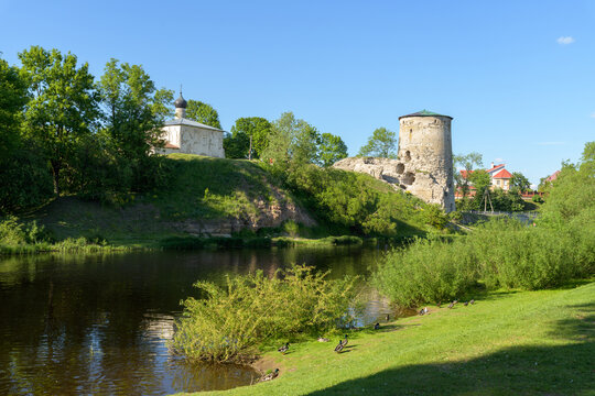 Gremyachaya Bashnya and Pskova river. Pskov Krom or Kremlin. Russia