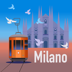 Milan scene with a tram and the cathedral vector illustration