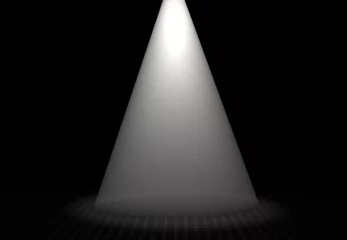 Foto op Plexiglas White cone of light on metal floor template. Bright glow from spotlight 3d render illuminates round empty area. Decoration of solemn interior and presentation © IRYNA
