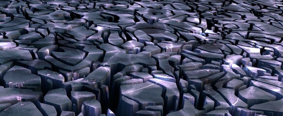 Fototapeta premium Broken into pieces stone surface background. Plateau shattered into geometric parts with 3d render deep crack. Dried desert ground with salt deposits and scratched texture decorative breaks