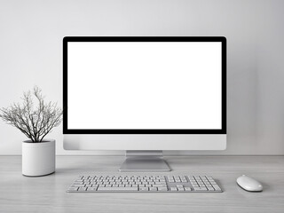 3d rendering mockup template of blank white screen of computer.Minimally designed room in gray and white tones. - obrazy, fototapety, plakaty