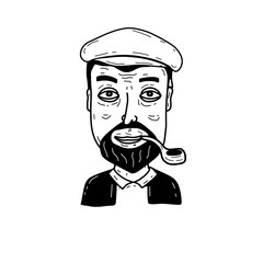 Obraz premium Sea Captain in hand-drawn style. Male character. Sketch and cartoon of man in cap with smoking pipe. Funny fisherman