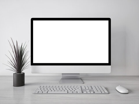 3d rendering mock up template of blank white screen of computer.Minimally designed room in gray and white tones.