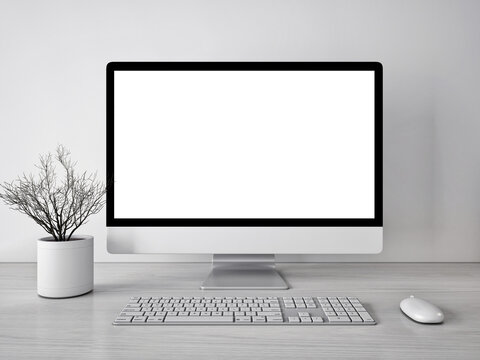 3d rendering mockup template of blank white screen of computer.Minimally designed room in gray and white tones.