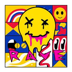 Poster with yellow smile face. Acid rave and techno party of 90s.
