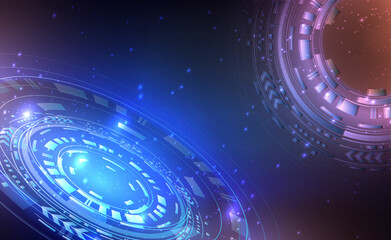 Futuristic sci-fi background. Blue neon hologram portals with light flares and sparkles.