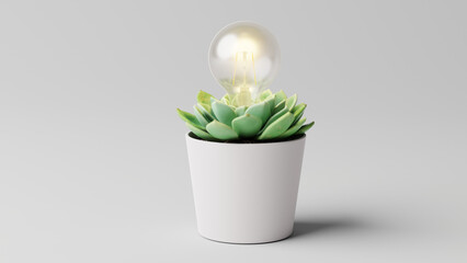 House plant powering Lightbulb. 4K photorealistic 3D Render