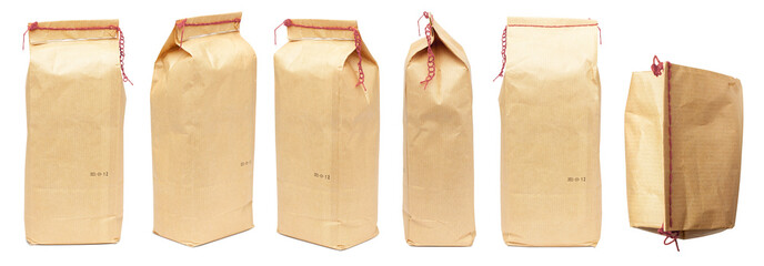 Paper bags. Brown paper bags for coffee, sugar, soda, flour, salt or cereals. Isolated on a white background.