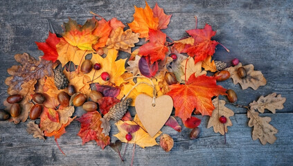 card of heart shape and fallen bright leaves, acorns, cones on wooden boards. Autumn natural...