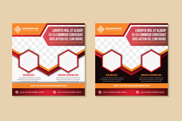 abstract social media post banner design template for information of business. square layout with hexagon shape. combination white, orange, red and brown colors. space for photo collage and text. - obrazy, fototapety, plakaty