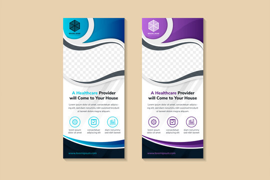 set of curve vertical roll up banner design template for a healthcare provider. white background with  blue and purple on element. space for photo collage and text. infographic icon.