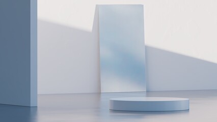 3d mock-up podium, Sky in mirror, White colors. Modern platform for product or cosmetics presentation. Bright contemporary backdrop. Render scene.