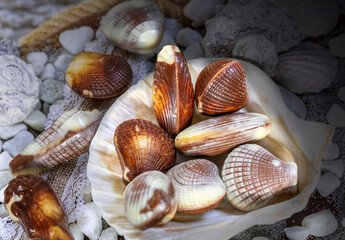 shell-shaped chocolates, on a gray background of small pebbles and small shells