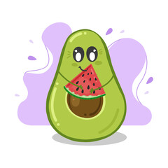 Funny avocado, avocado exercise. Summer funny avocado fruit with watermelon. Avocado exercise vector illustration for background, wallpaper, and fabric. Vector illustration