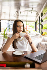 Young woman in a cafe drinking coffee and working on a laptop