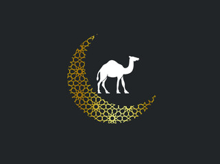 Eid moon with camel. Eid ul adha design template. Eid gratings card. vector illustrations