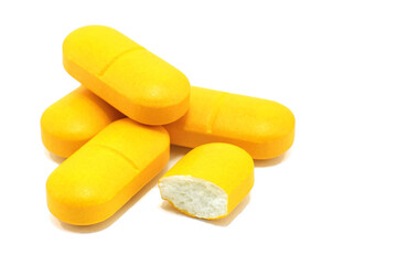 Medical pills on a white background close-up. Tablet isolate. Medicines and medicines. Health