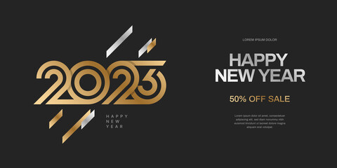 Vector illustration with gold color 2023 sign for flyer template, greeting card, poster, banner or social media. Logo for Happy New Year and Merry Christmas.